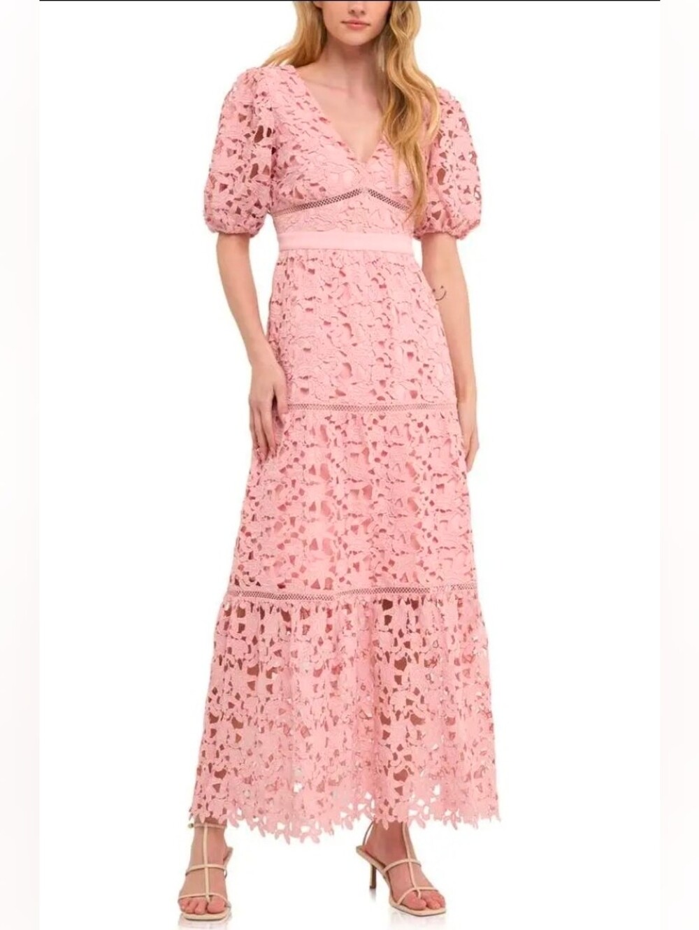 Endless Rose Puff Sleeve Tiered Lace Maxi Dress XS